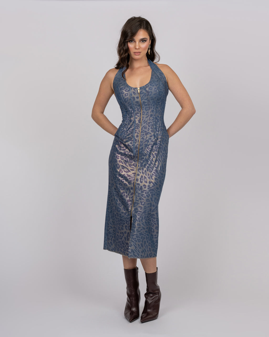 Cotton Denim-Effect Midi Dress with Camouflage Leopard Shimmer