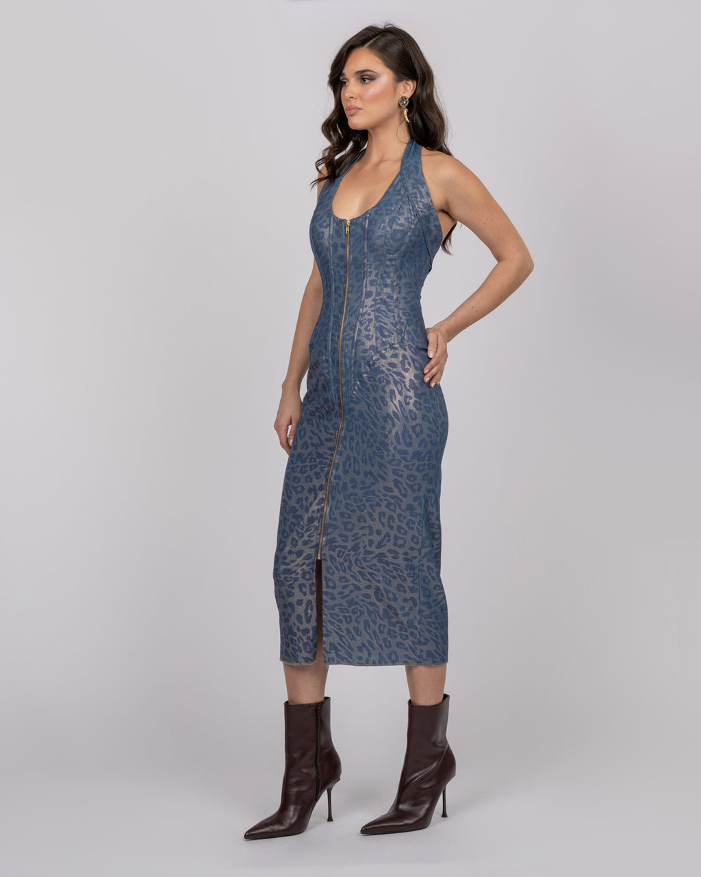 Cotton Denim-Effect Midi Dress with Camouflage Leopard Shimmer
