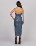 Cotton Denim-Effect Midi Dress with Camouflage Leopard Shimmer