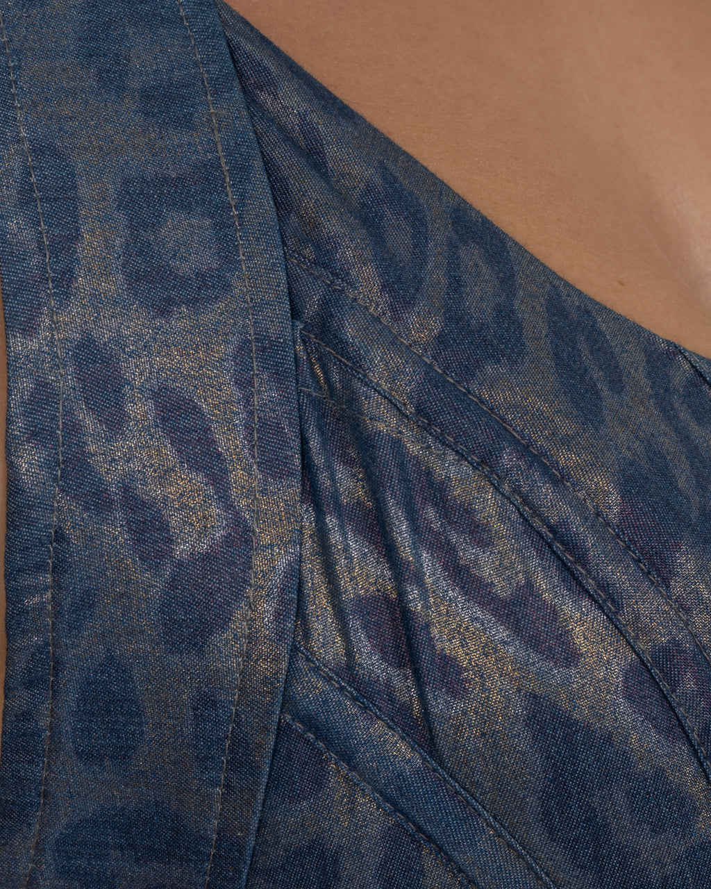 Cotton Denim-Effect Midi Dress with Camouflage Leopard Shimmer