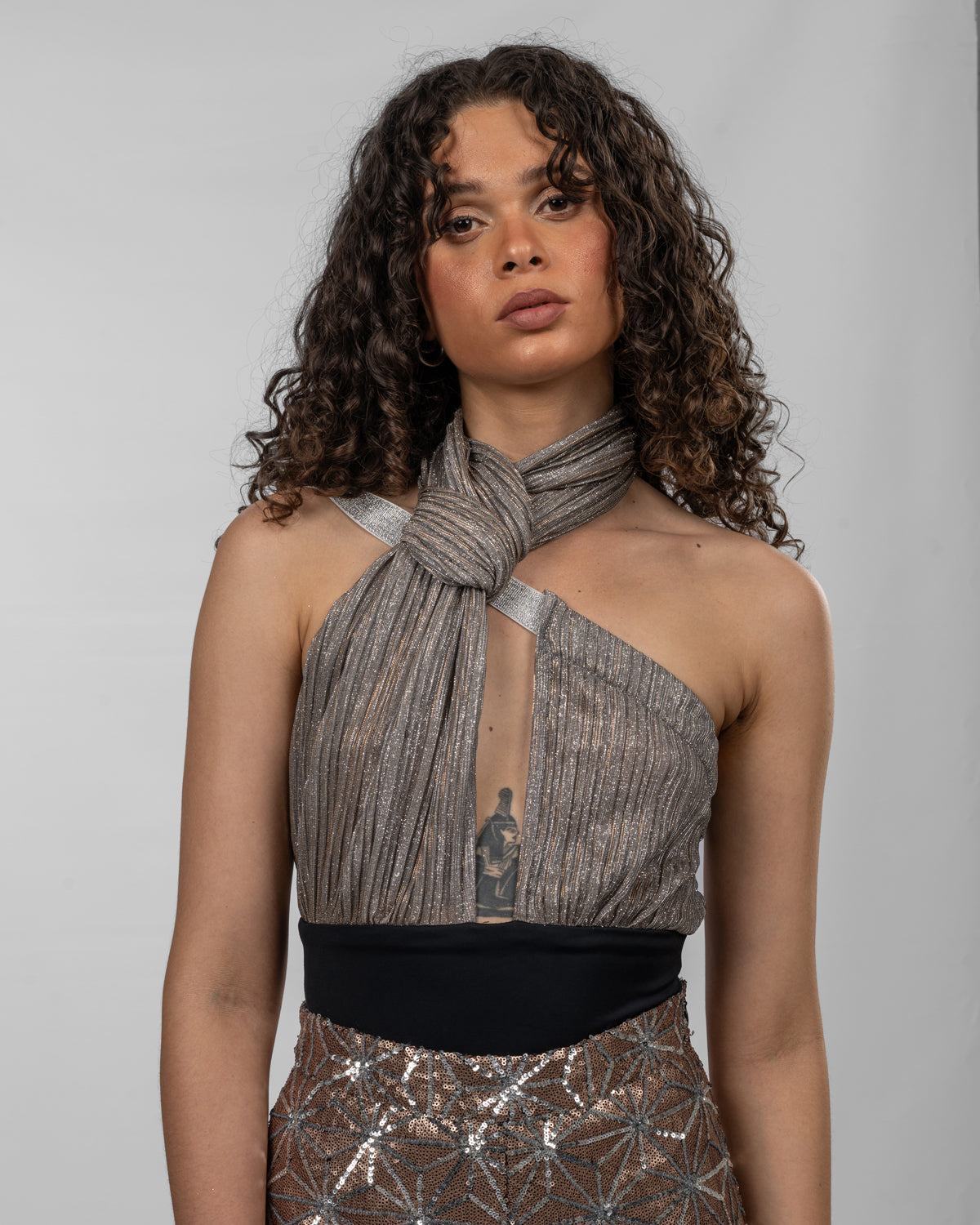 Sophisticated Metallic Wrap Bodysuit