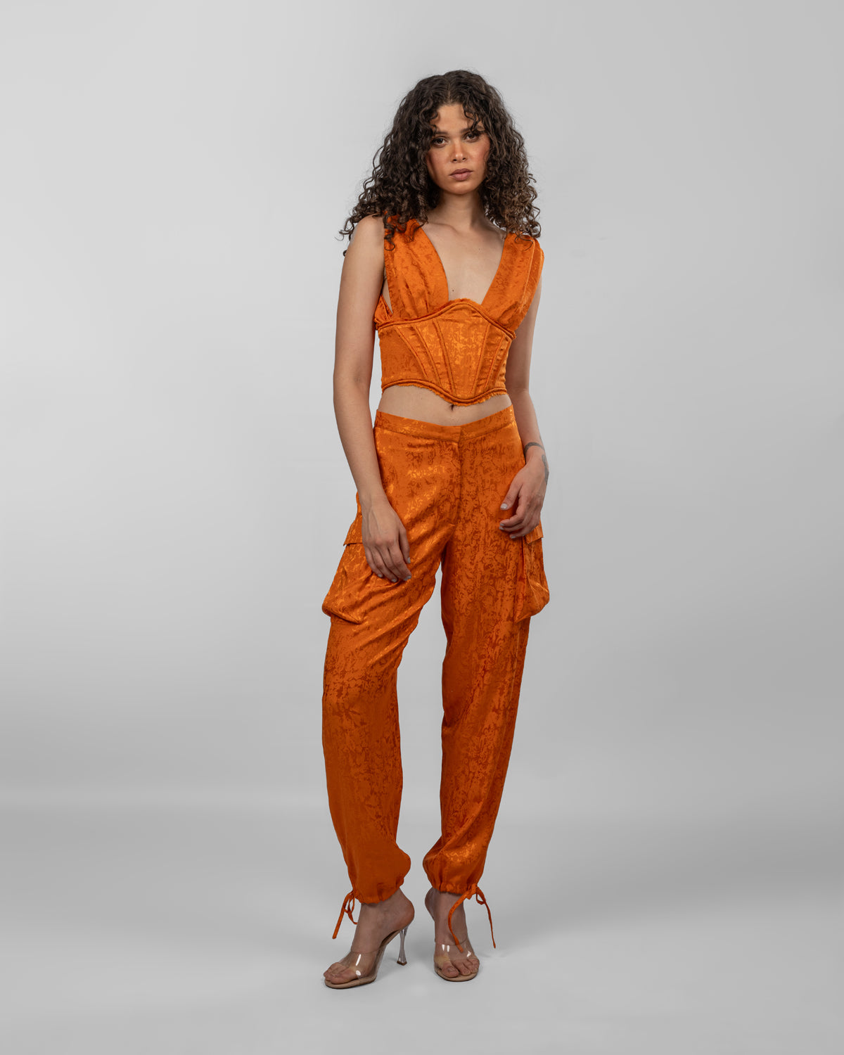 Orange Jacquard Silk Satin Trousers