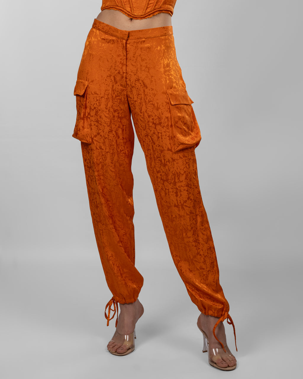 Orange Jacquard Silk Satin Trousers