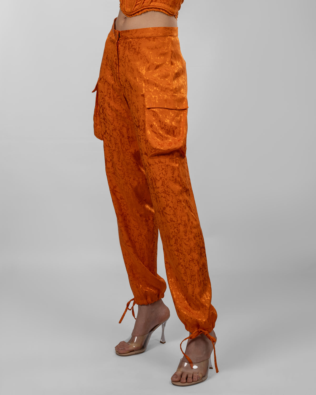 Orange Jacquard Silk Satin Trousers