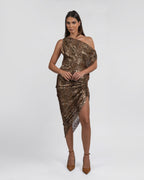 One-Shoulder Metallic Jacquard Asymmetrical Midi Dress