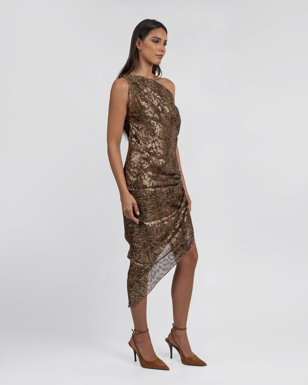 One-Shoulder Metallic Jacquard Asymmetrical Midi Dress