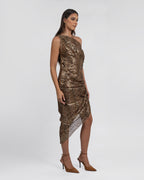 One-Shoulder Metallic Jacquard Asymmetrical Midi Dress
