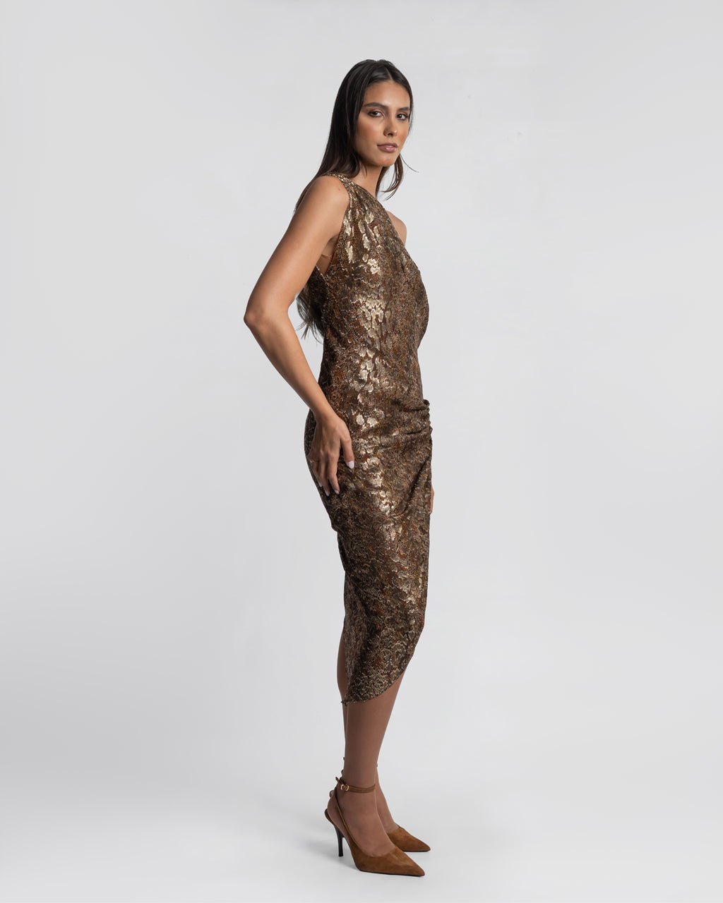 One-Shoulder Metallic Jacquard Asymmetrical Midi Dress