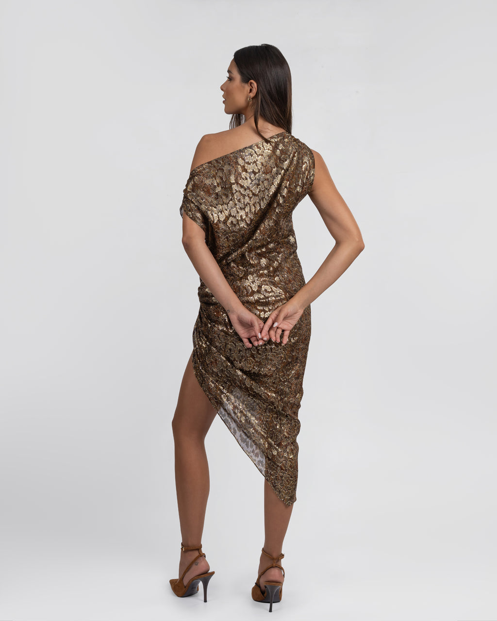 One-Shoulder Metallic Jacquard Asymmetrical Midi Dress
