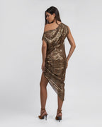 One-Shoulder Metallic Jacquard Asymmetrical Midi Dress