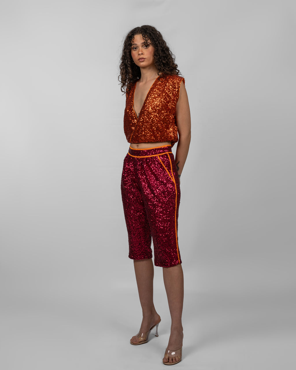 Red Sequin Bermuda Shorts