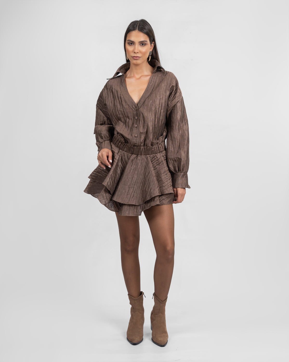 Crushed Organza Brown Mini Dress