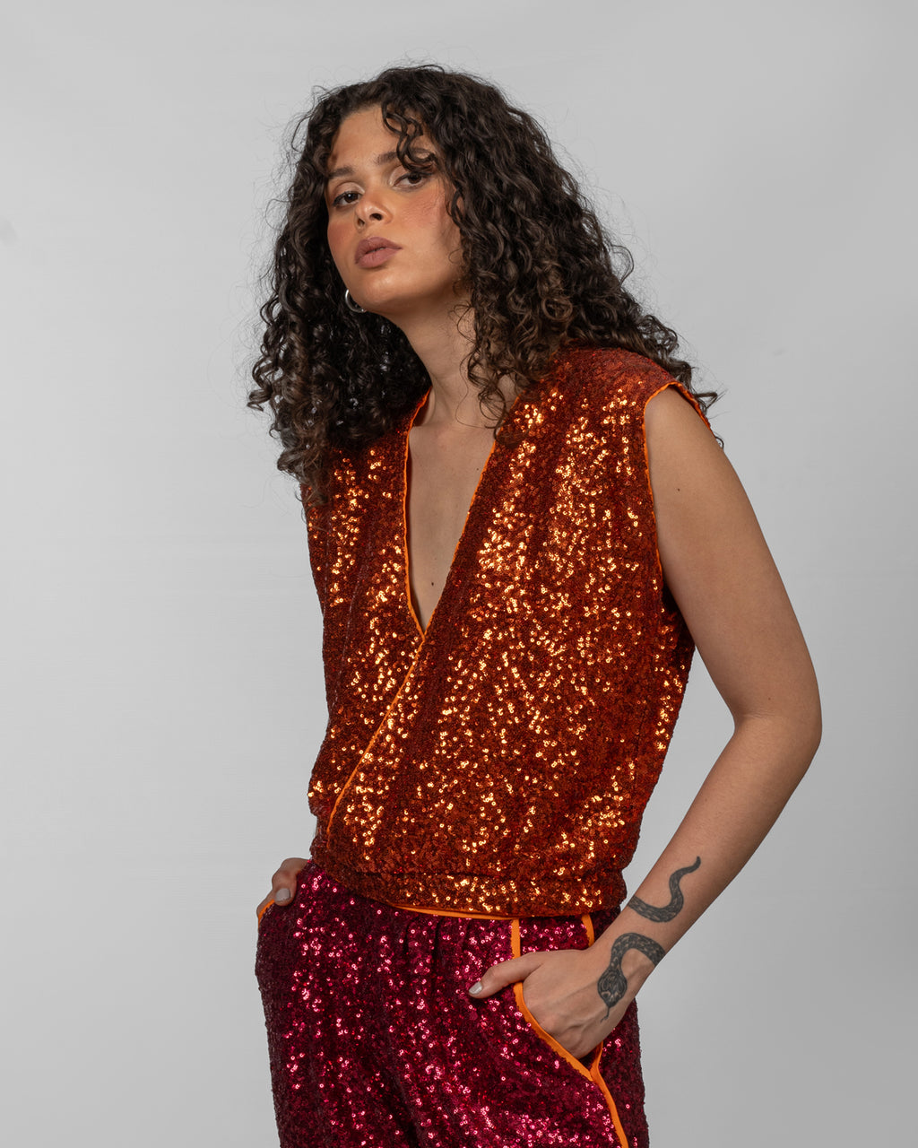 Dark Orange Sequin Reversible Top