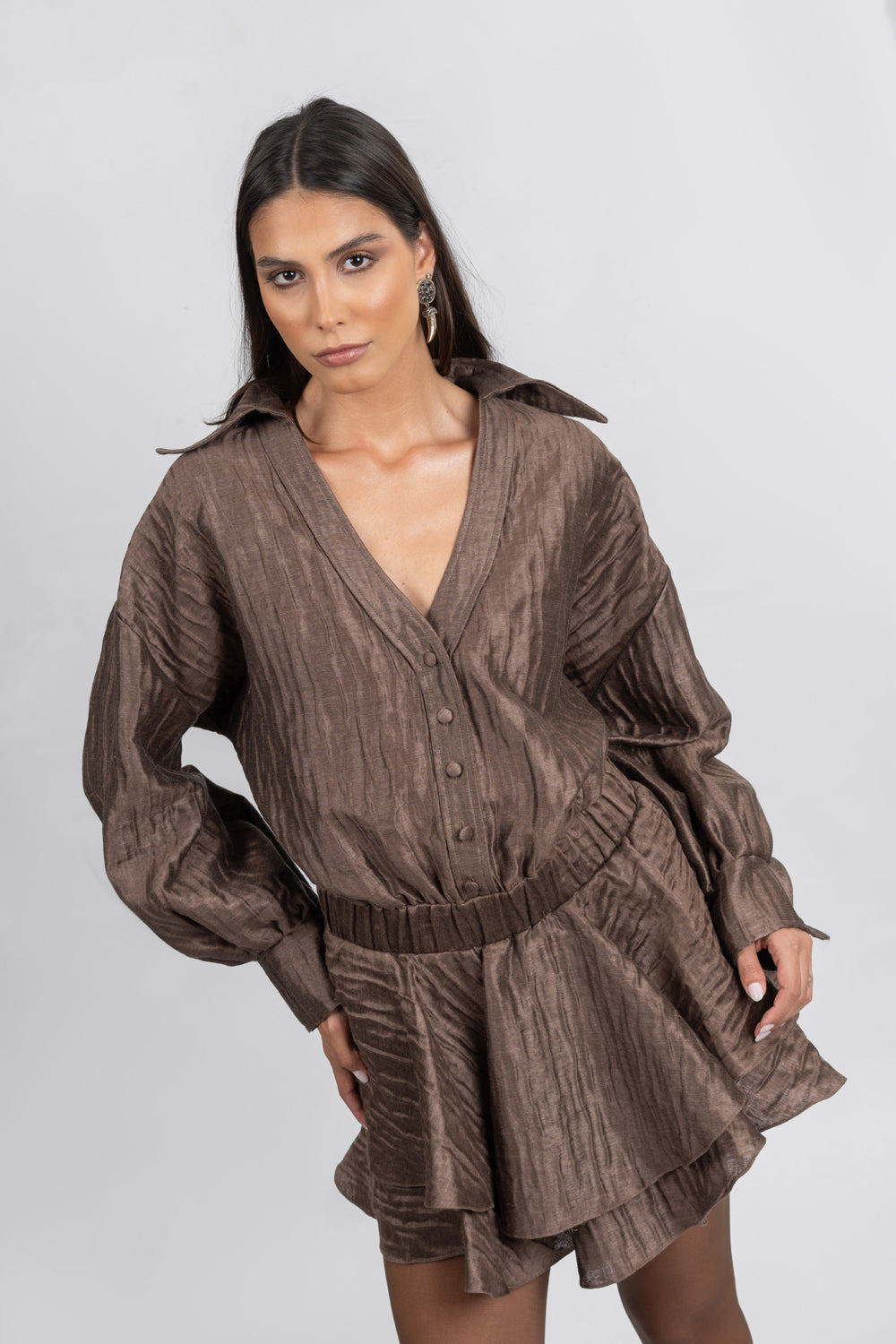 Crushed Organza Brown Mini Dress