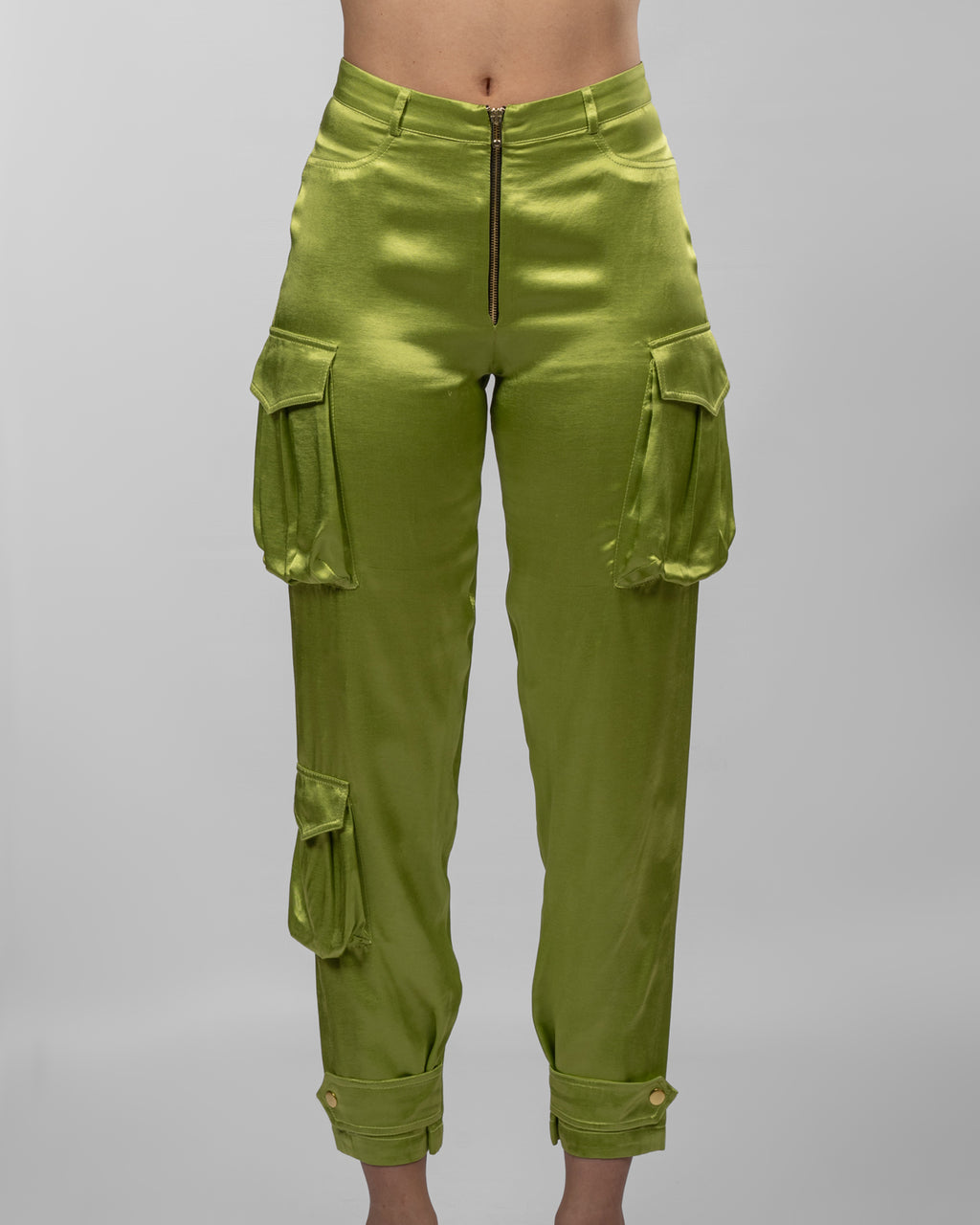 Apple green silk satin cargo pants