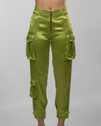 Apple green silk satin cargo pants