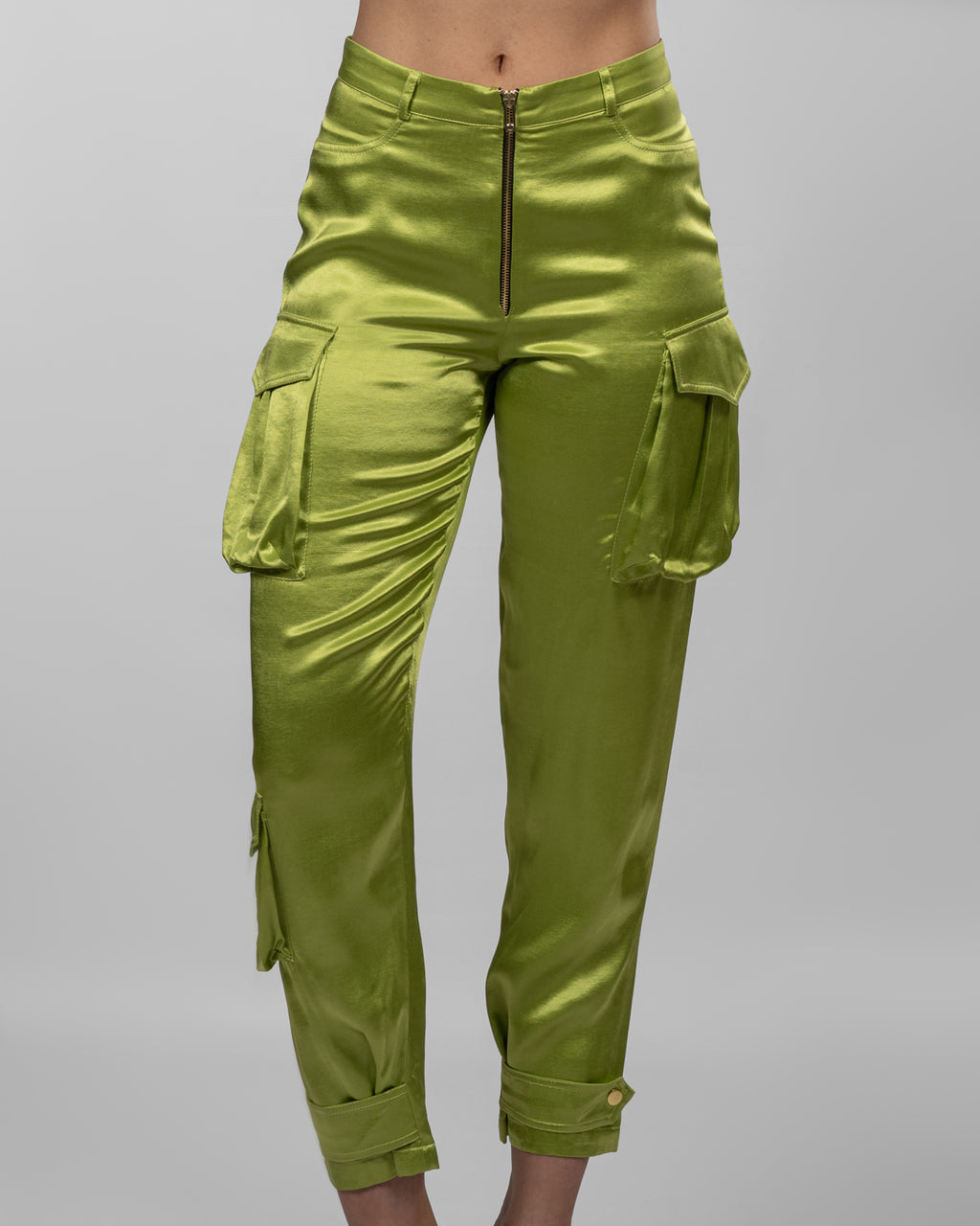Apple green silk satin cargo pants