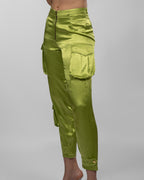 Apple green silk satin cargo pants