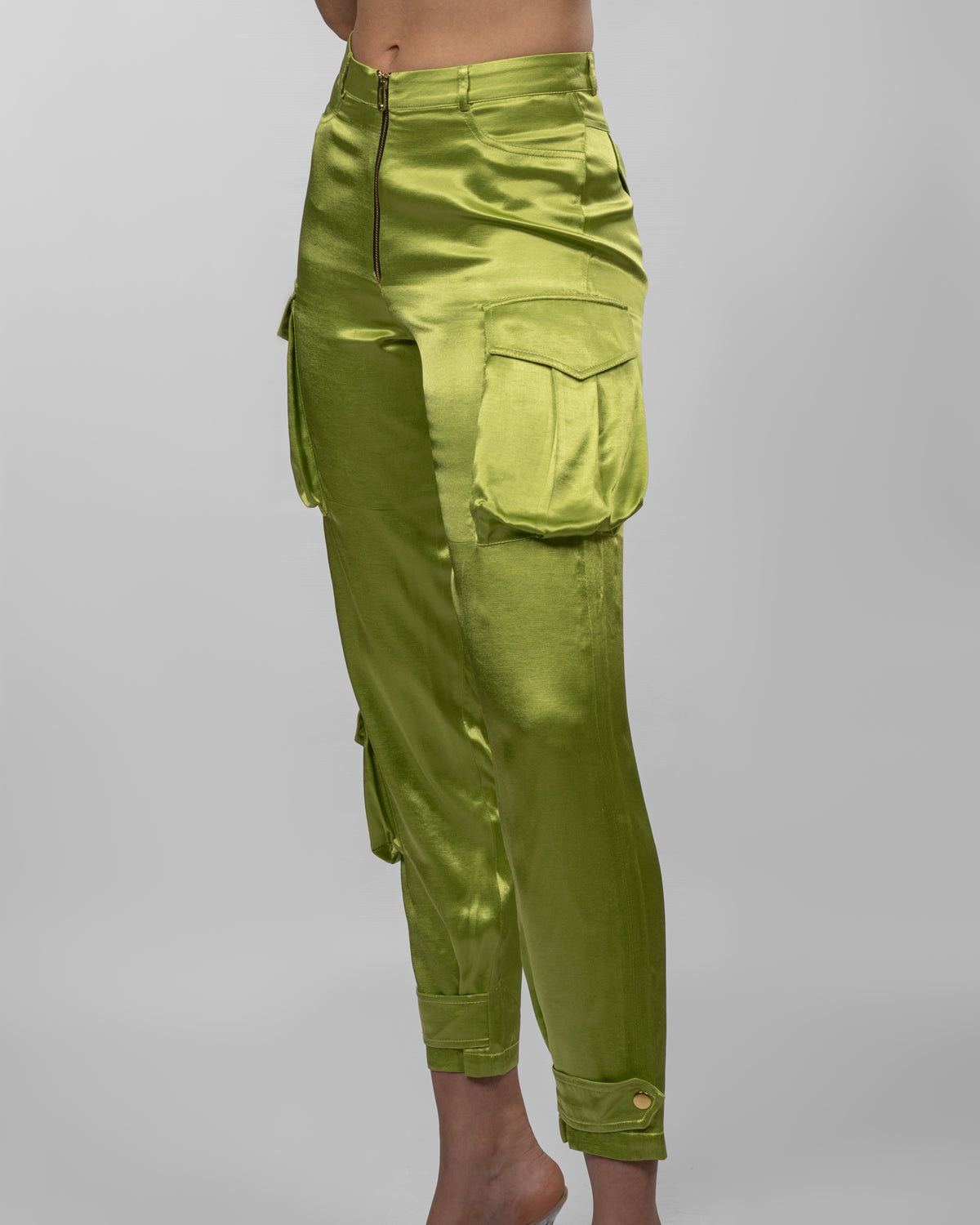 Apple green silk satin cargo pants