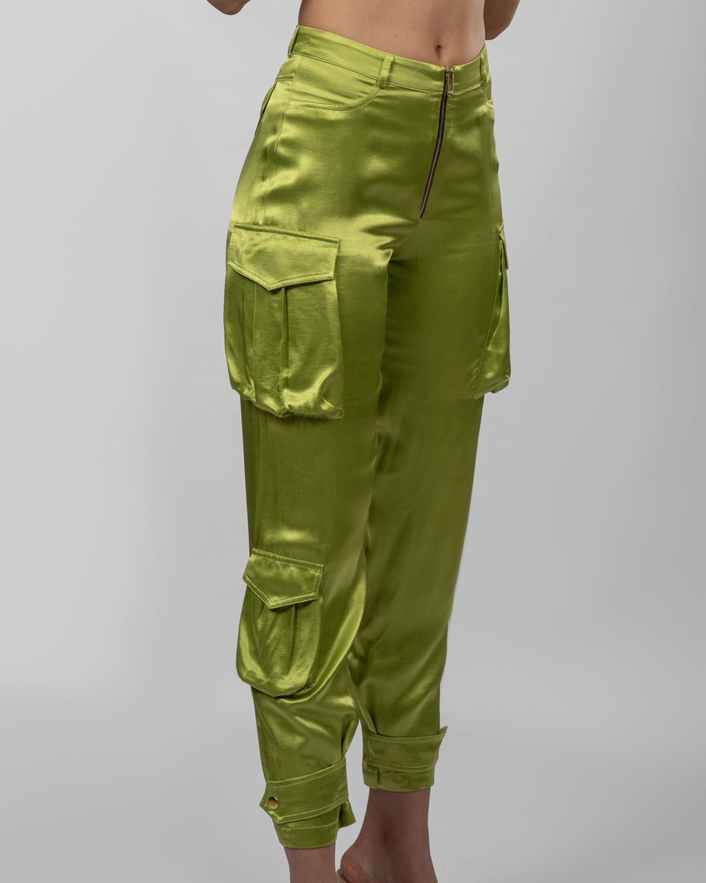 Apple green silk satin cargo pants