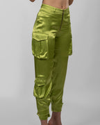 Apple green silk satin cargo pants