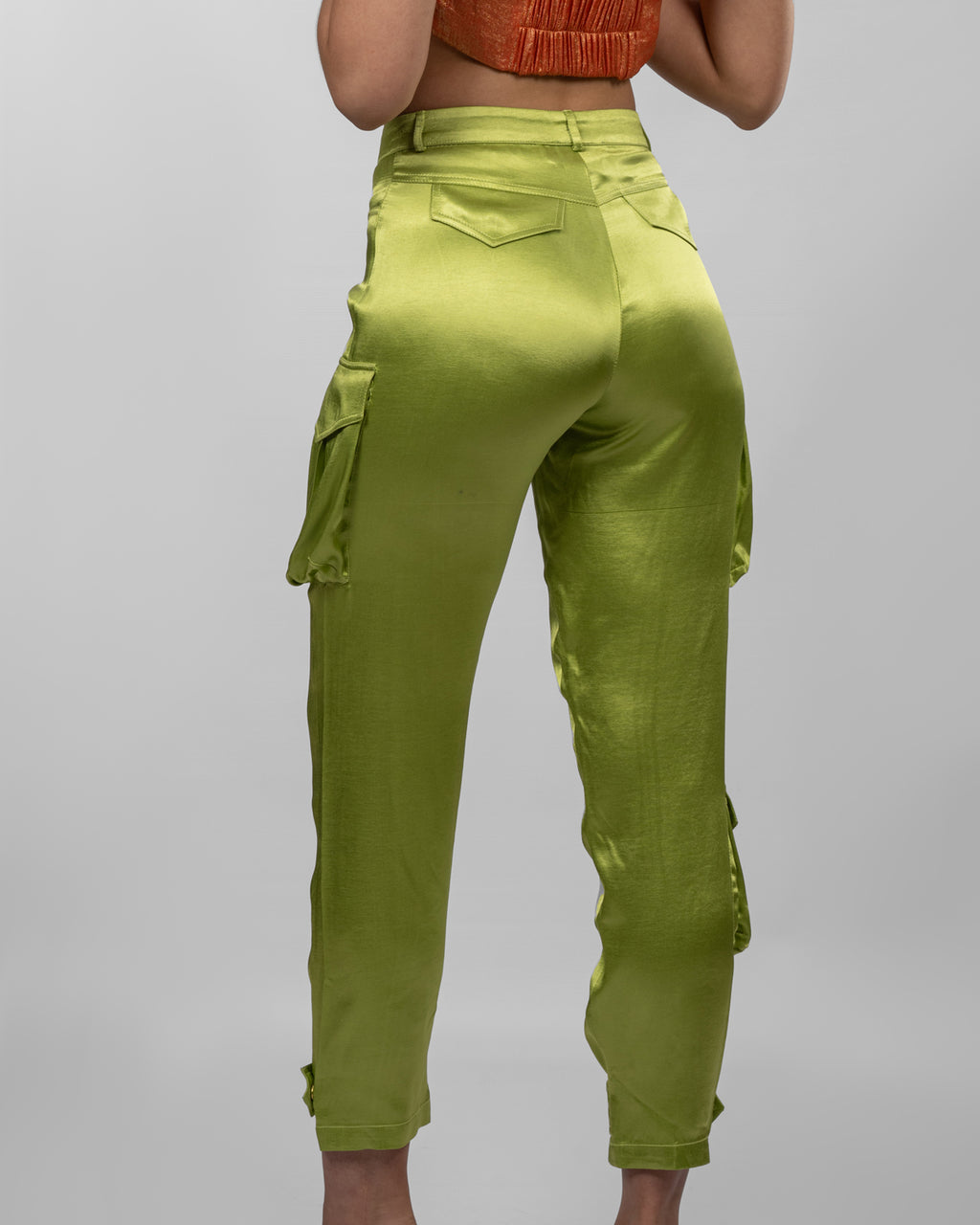 Apple green silk satin cargo pants