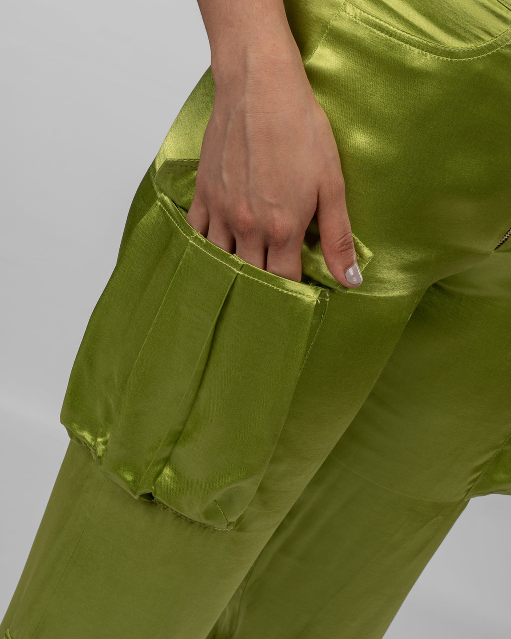 Apple green silk satin cargo pants