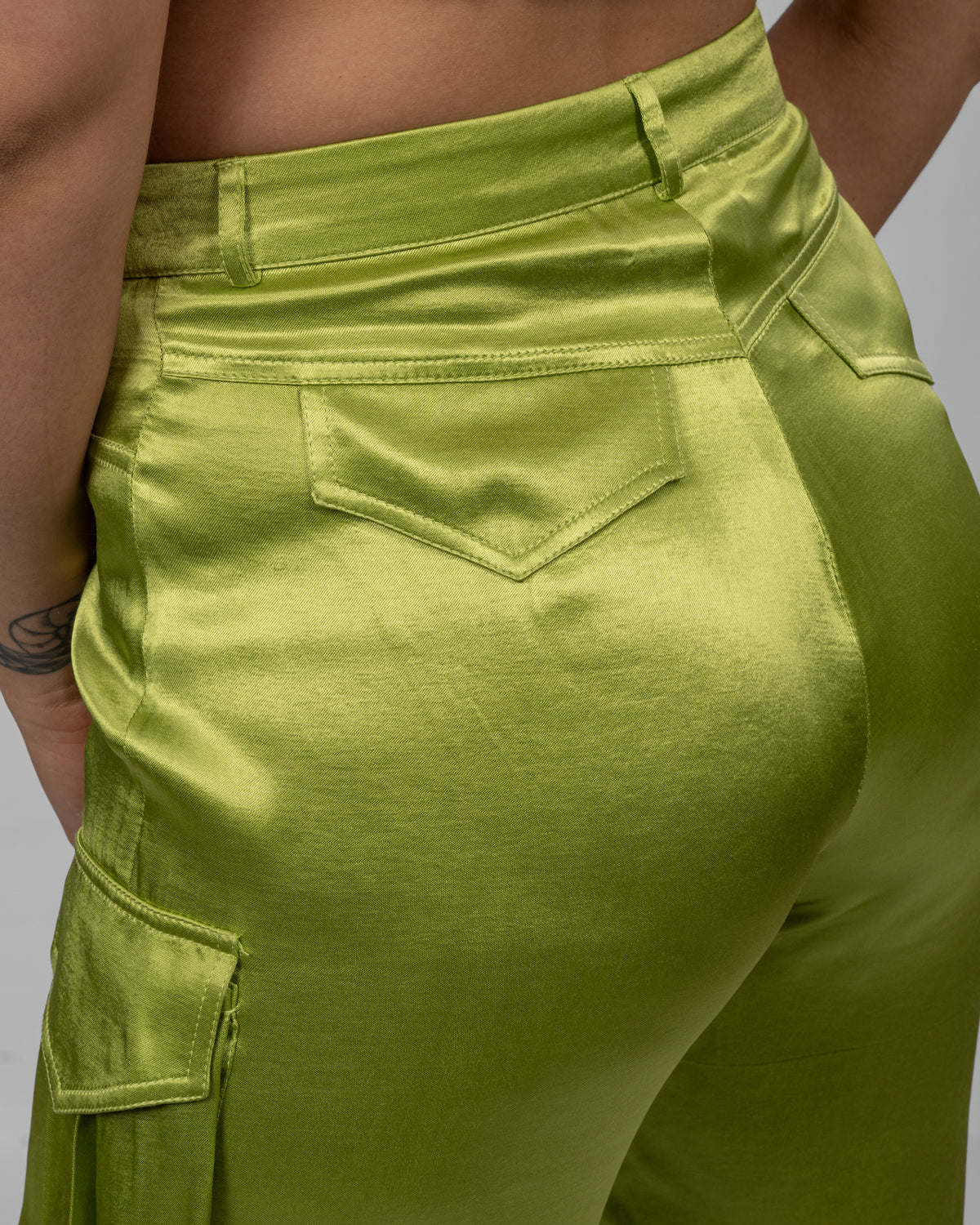 Apple green silk satin cargo pants
