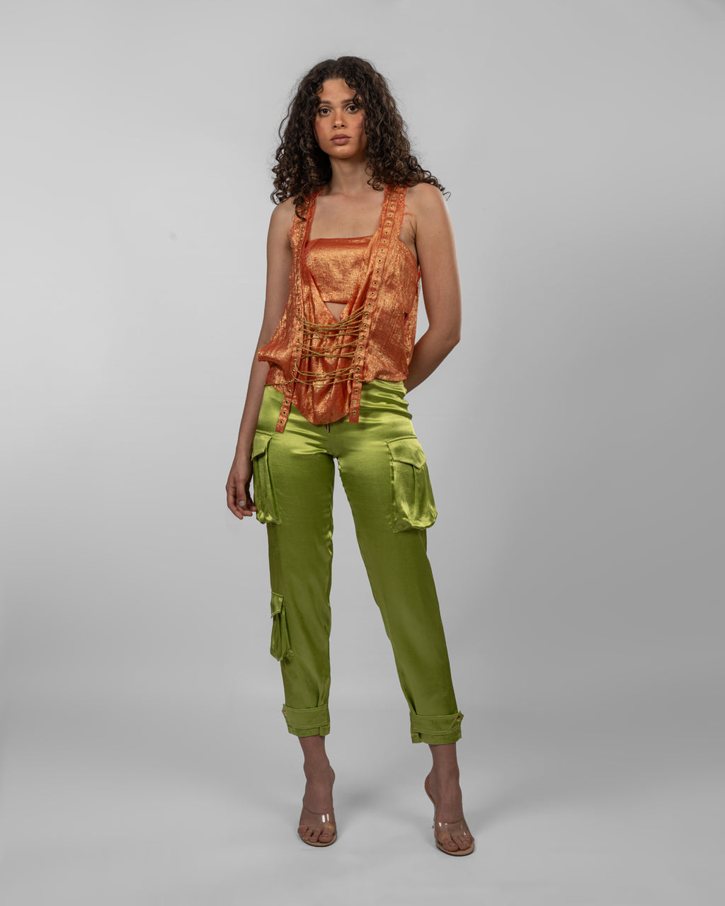 Apple green silk satin cargo pants