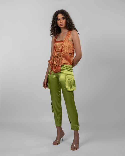 Apple green silk satin cargo pants