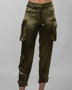 Olive Satin Cargo Pants