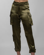 Olive Satin Cargo Pants