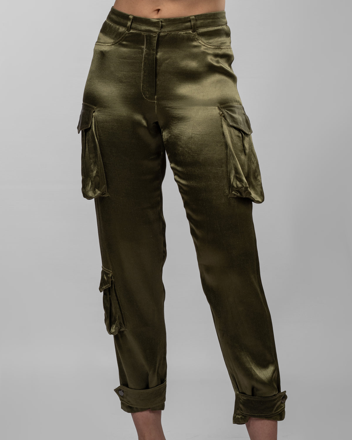 Olive Satin Cargo Pants
