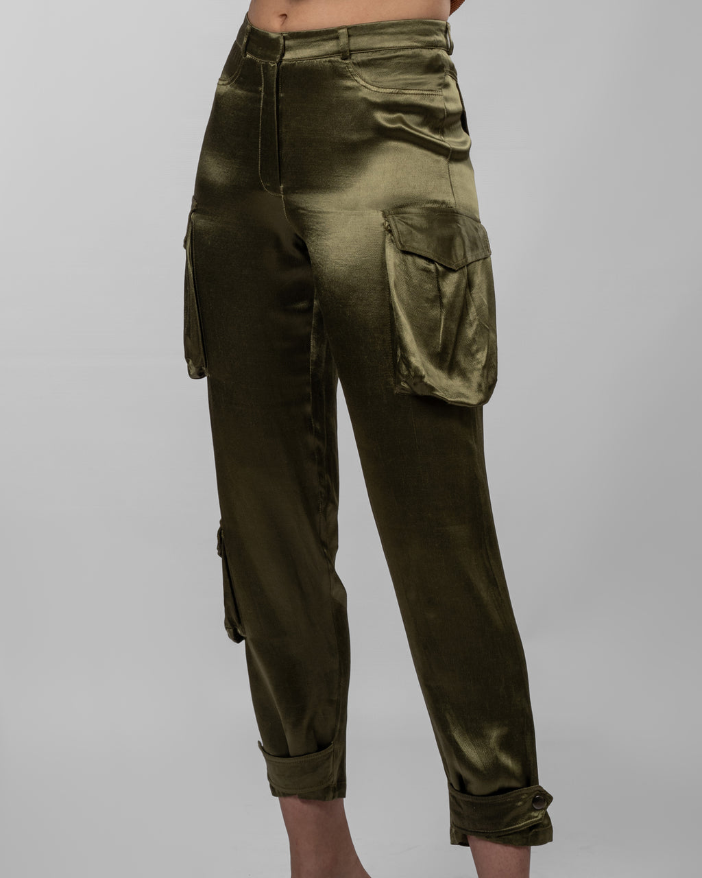 Olive Satin Cargo Pants