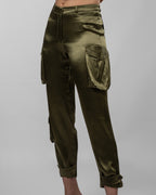 Olive Satin Cargo Pants