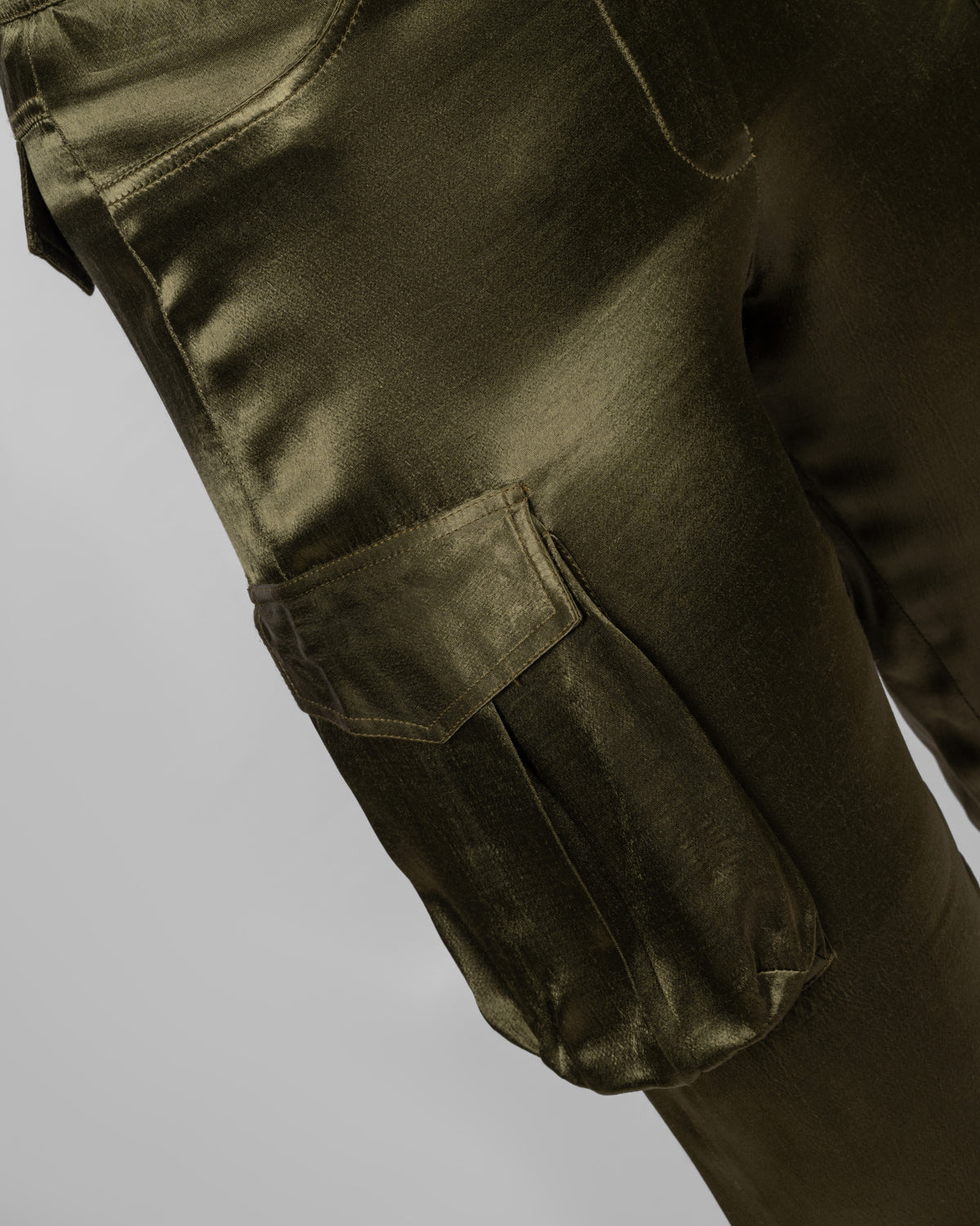Olive Satin Cargo Pants