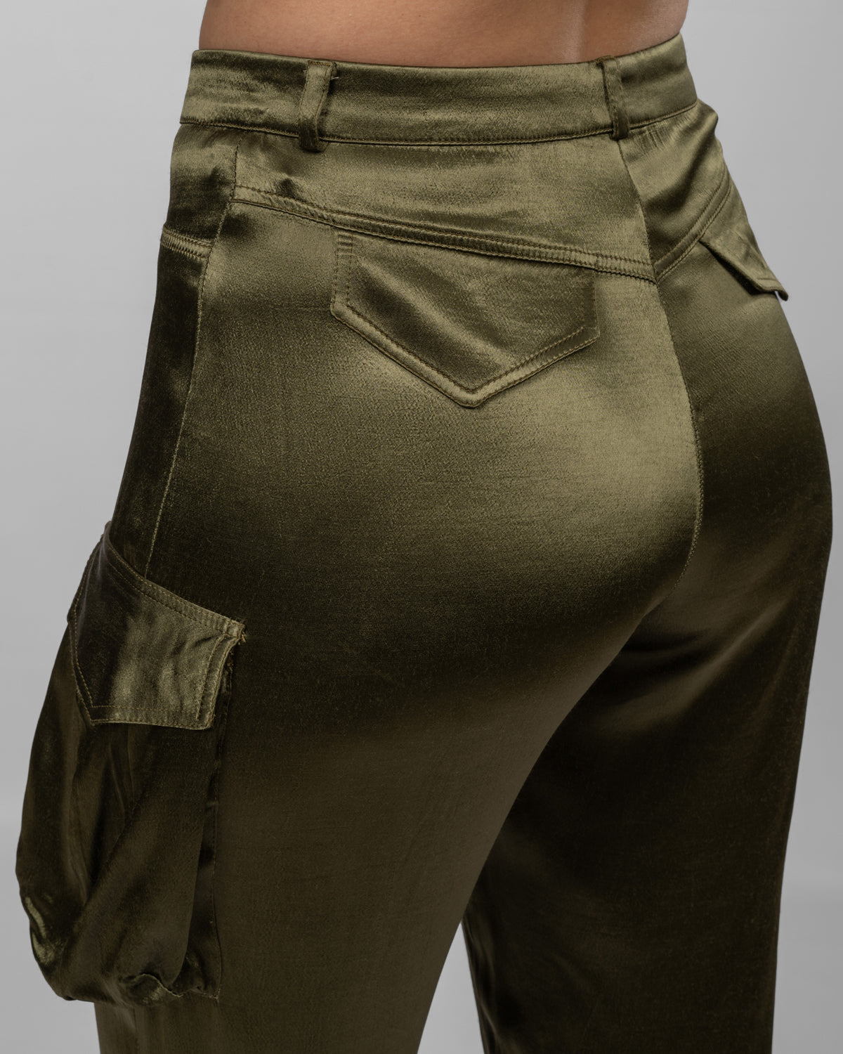 Olive Satin Cargo Pants