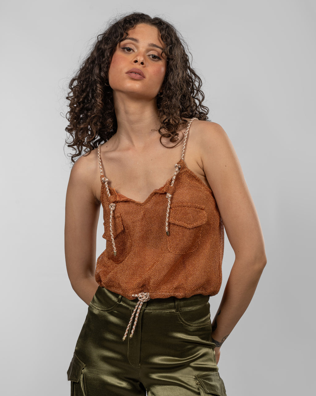 Metallic Copper Net Blouson Top