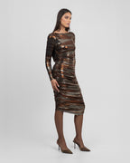 Lamé Jersey Two-Tone Brown Midi Dress