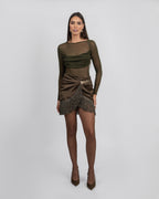 Silk Satin Wrapped Mini Skirt with Light Gold Fringe Hem