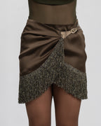 Silk Satin Wrapped Mini Skirt with Light Gold Fringe Hem