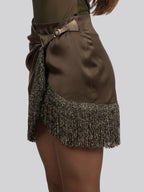 Silk Satin Wrapped Mini Skirt with Light Gold Fringe Hem