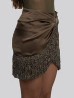 Silk Satin Wrapped Mini Skirt with Light Gold Fringe Hem