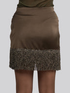 Silk Satin Wrapped Mini Skirt with Light Gold Fringe Hem