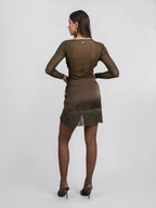Silk Satin Wrapped Mini Skirt with Light Gold Fringe Hem