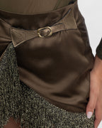 Silk Satin Wrapped Mini Skirt with Light Gold Fringe Hem
