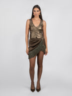 Silk Satin Wrapped Mini Skirt with Light Gold Fringe Hem