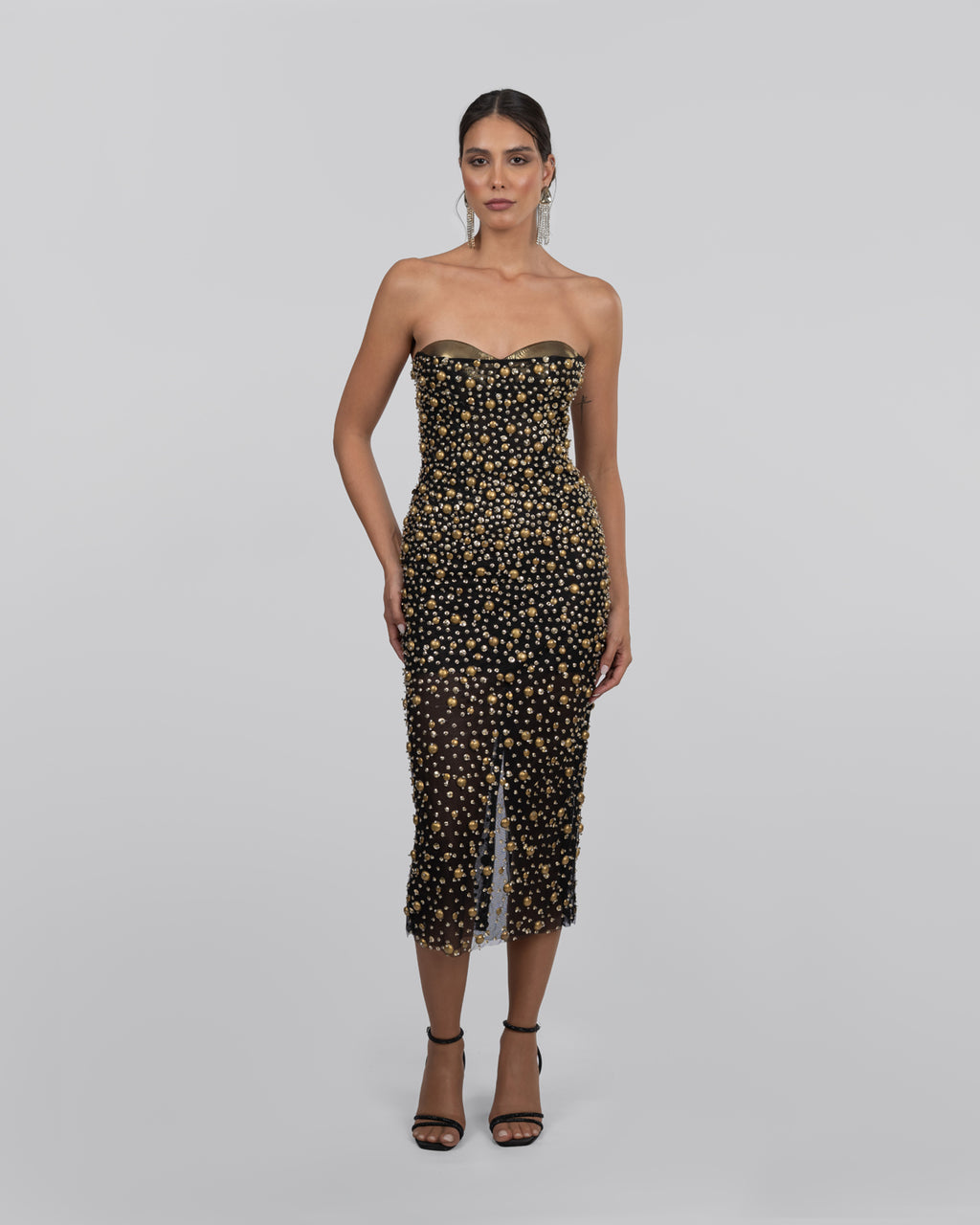 Black Tulle Embroidered Strapless Midi Dress