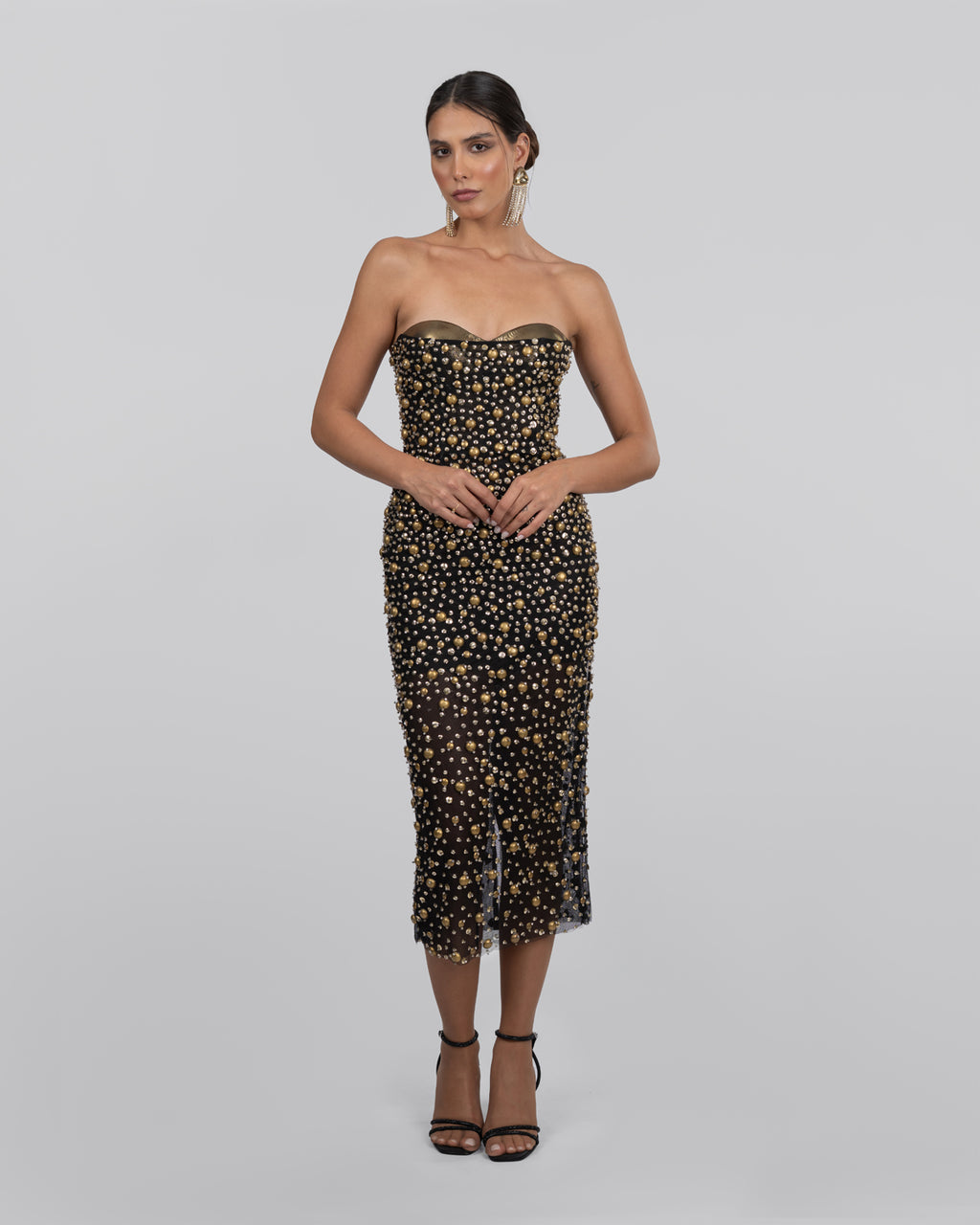 Black Tulle Embroidered Strapless Midi Dress