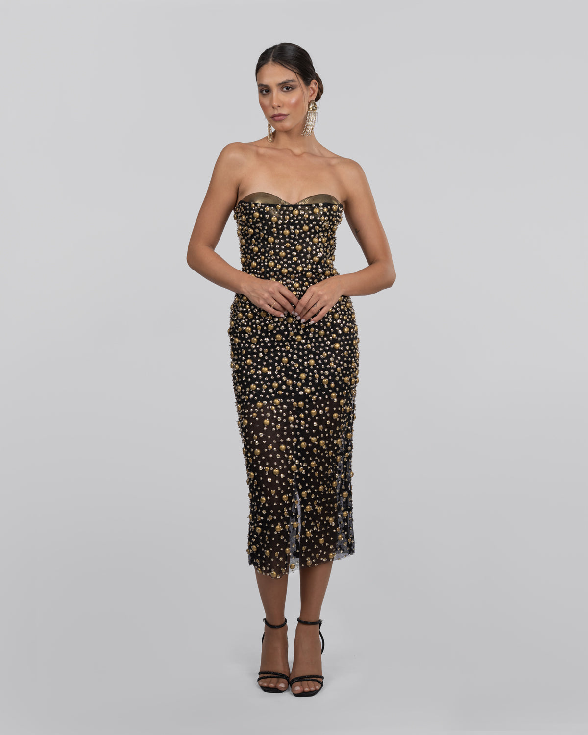 Black Tulle Embroidered Strapless Midi Dress